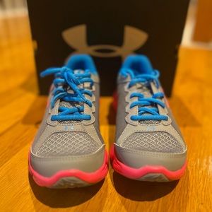 Grey blue and pink Under Armour sneakers for big girls